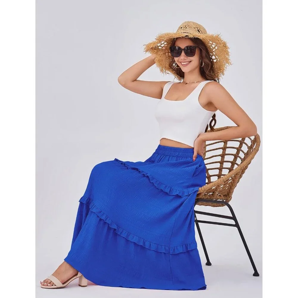 Women's Royal Blue Casual Elegant A Line Flowy Ruffle Tiered Pockets Maxi Skirt - Picture 5 of 5
